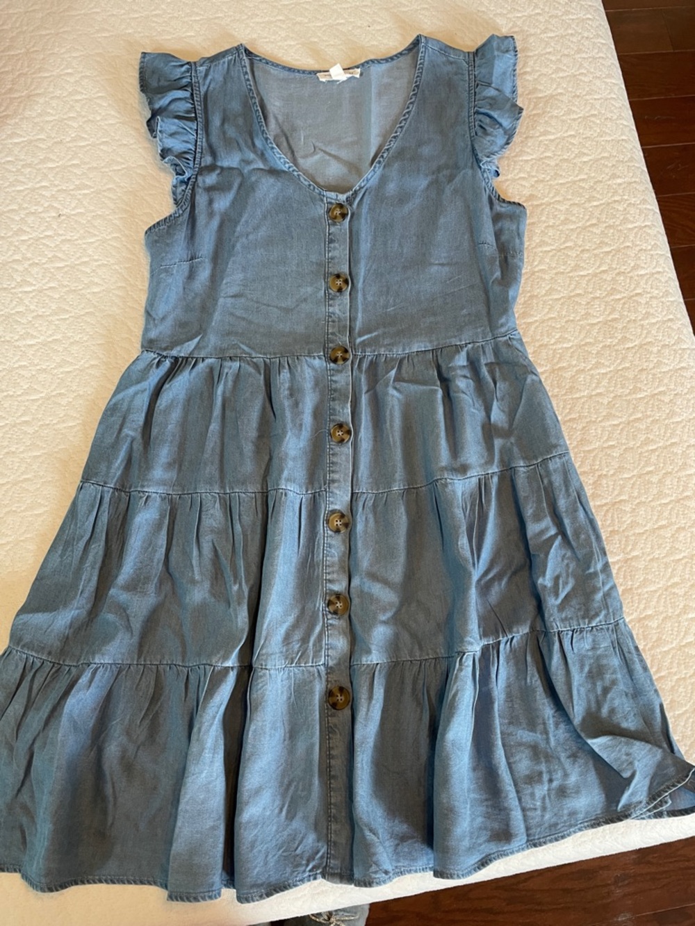 Blu Pepper Denim-Blue Tiered Button Front Mini Dress with Ruffle Sleeves